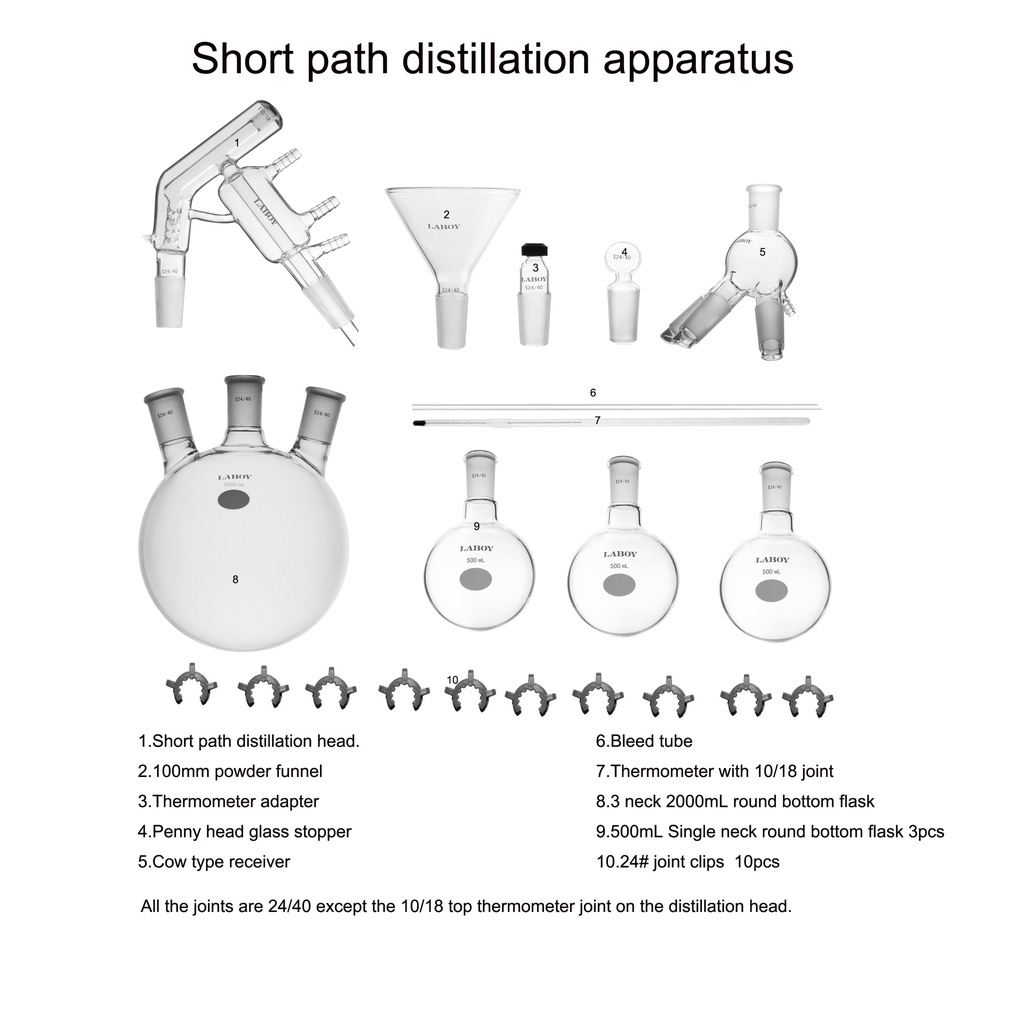 Laboy Glass 2000mL 24/40 Distillation Set Distilling Apparatus Organic Chemistry Lab Glassware Kit